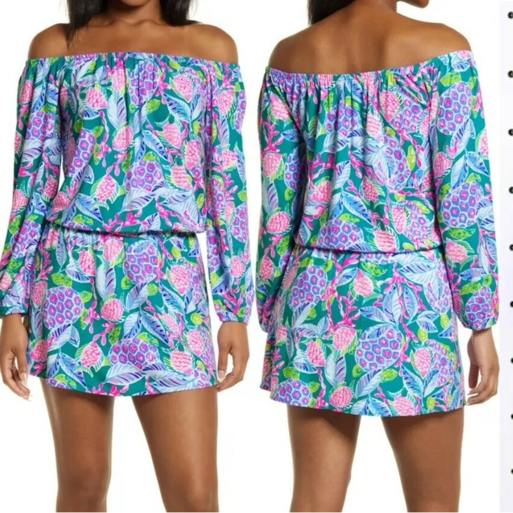 Lilly Pulitzer Off-Shoulder Mini Dress in Teal, Pink & Lavender